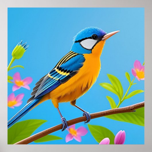 咲カラフルく枝に鳥 ポスター (正面)