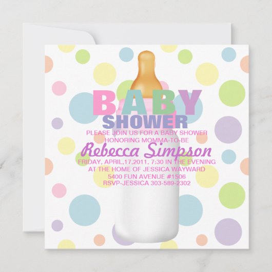 哺乳瓶及び水玉模様のベビーシャワーの招待状 招待状 (正面)