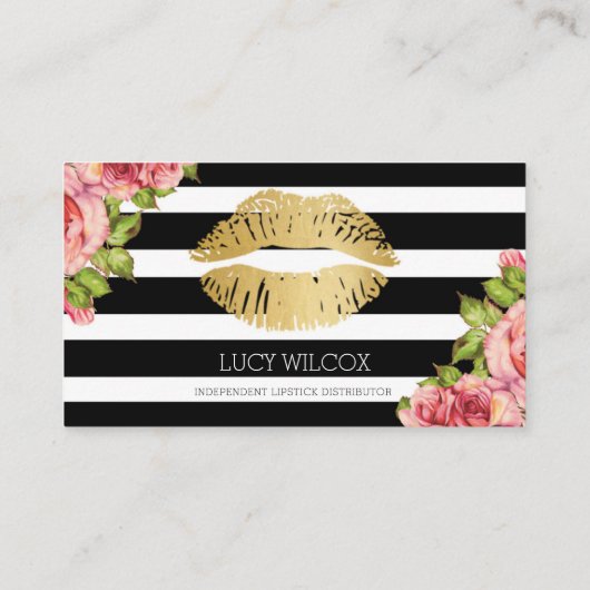 唇の名刺、花の黒い及び白のストライプ 名刺 (裏面)