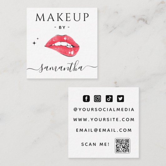 唇の噛み込み&きらめきメイクアップアーティストQrコードソーシャル スクエア名刺 (正面/裏面)