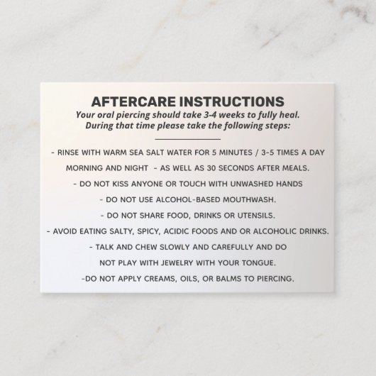 唇、舌と頬ピアスブッシュのためのアフターケア 名刺 (正面)