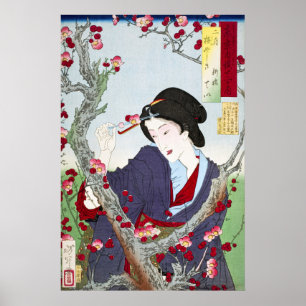 唐人風の日本人女性と赤い桜 ポスター