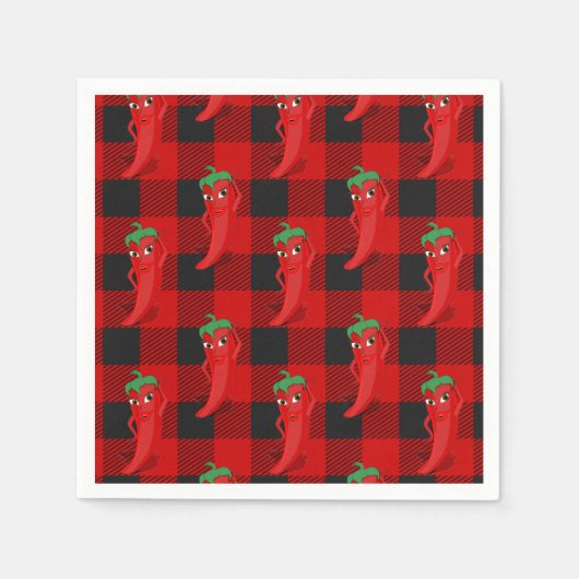 唐辛子バッファロープレイドパターンブラックとレッド スタンダードカクテルナプキン (正面)