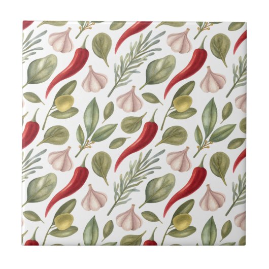 唐辛子、ニンニク、オリーブとハーブ タイル (正面)