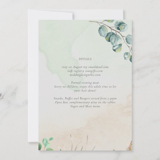 唯一エレガントの緑のウェディングレセプション夕べ 招待状 (裏面)