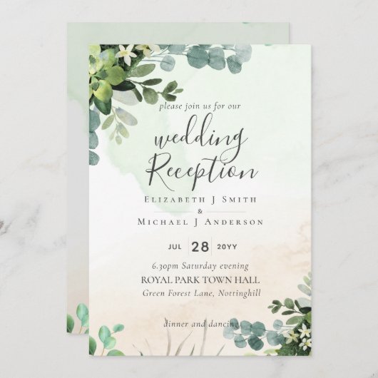 唯一エレガントの緑のウェディングレセプション夕べ 招待状 (正面/裏面)