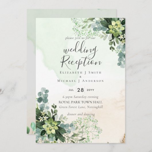 唯一エレガントの緑のウェディングレセプション夕べ 招待状 (正面/裏面)