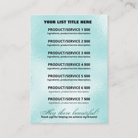 商品価格原料表アイスブルーとシルバー 名刺 (裏面)