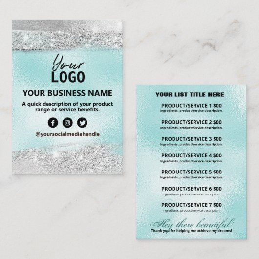 商品価格原料表アイスブルーとシルバー 名刺 (正面/裏面)