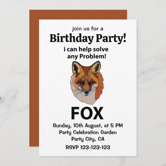 問題解決ならお任せあれ！ユーモアたっぷりの賢いキツネ 招待状 (正面/裏面)