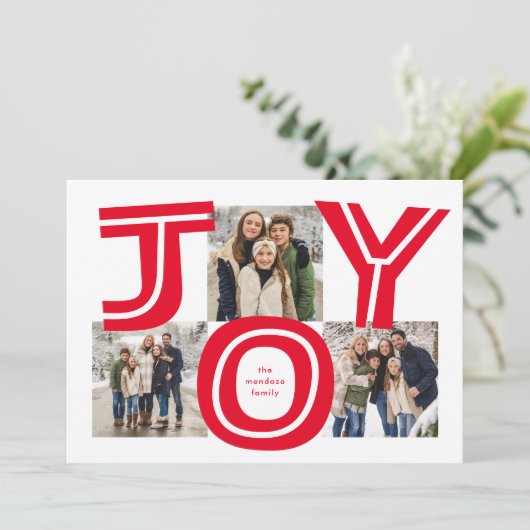 喜はっきりしたび3枚の写真の赤いモダンクリスマス シーズンカード (スタンド正面)