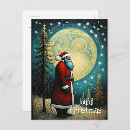 喜ばしいクリスマスサンタクロース満月の木 シーズンポストカード (正面/裏面)