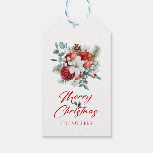 喜ばしいクリスマスバイブの花とリンゴの花束 ギフトタグ (裏面)