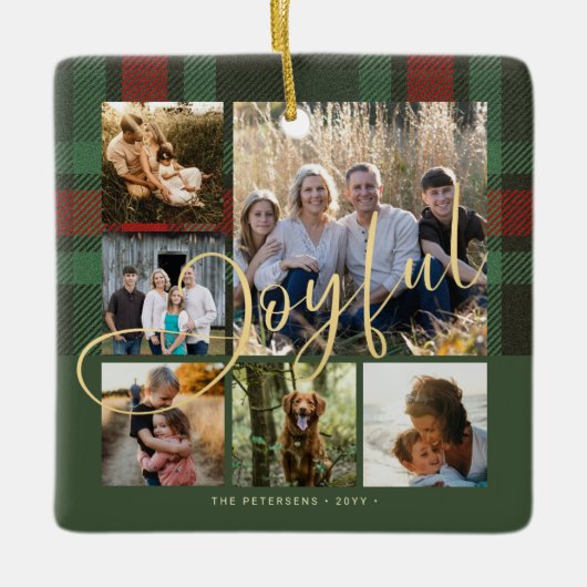 喜ばしいスクリプト家族の写真コラージュのコラージュのクリスマス セラミックオーナメント (正面)