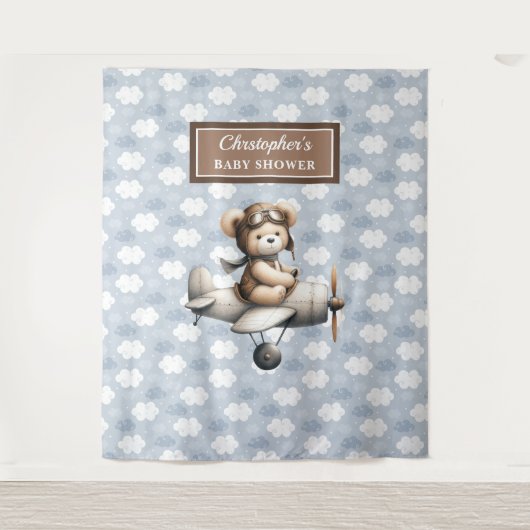 喜ばしいテディベアパイロットの赤ちゃんシャワー写真バナー タペストリー (正面)