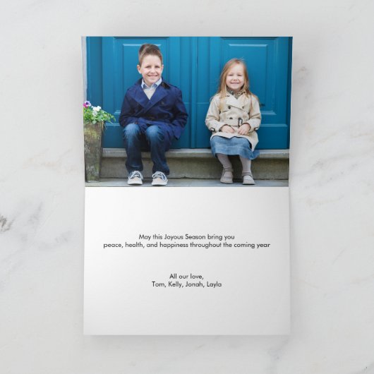 喜ばしいフレークホリデーフォトグリーティングカード シーズンカード (内部)