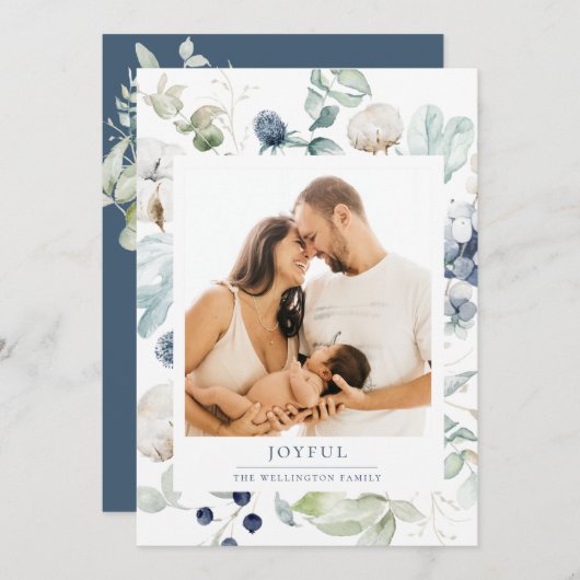 喜ばしい北極の冬の植物写真ブルー シーズンカード (正面/裏面)