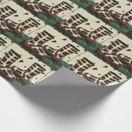 喜ばしい格子柄のレインブーツ – クリスマスシーズン ラッピングペーパー (角)