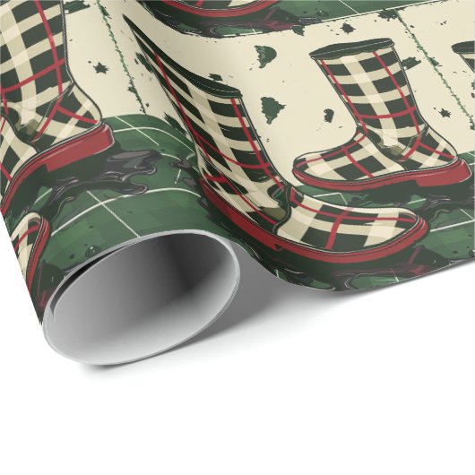 喜ばしい格子柄のレインブーツ – クリスマスシーズン ラッピングペーパー (ロールコーナー)