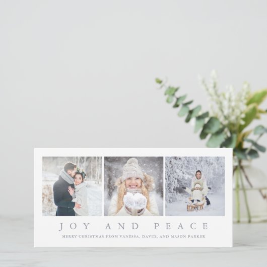 喜びおよび平和|モダンなクリスマス3つの写真 シーズンカード (スタンド正面)