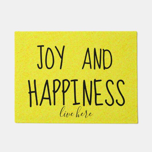 喜びおよび幸福の生きているここに豪華な黄色 ドアマット (正面)