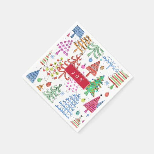 喜びとクリスマスツリーパターンかわいいタイポグラフィ スタンダードカクテルナプキン (角)