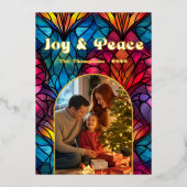 喜びと平和のステンドグラス窓のクリスマス写真 箔シーズンカード (正面)