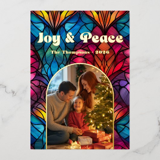喜びと平和のステンドグラス窓のクリスマス写真 箔シーズンカード (正面)