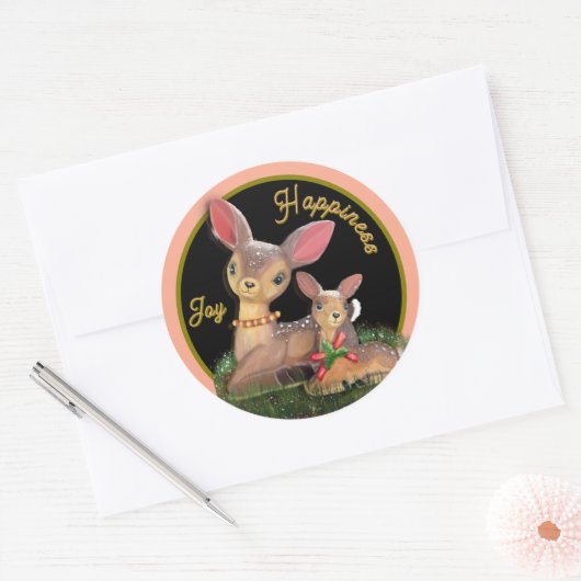 喜びと幸福のトナカイのクリスマス ラウンドシール (封筒)