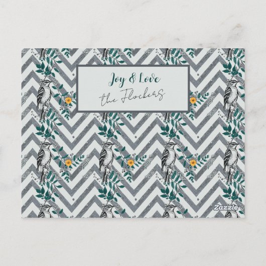 喜びと愛 – ジグザグの鳥と花のパターン ポストカード (裏面)