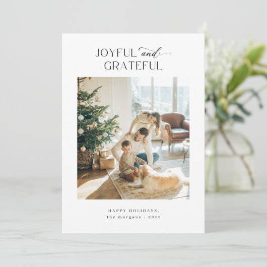 喜びと感謝の家族のクリスマスフォト シーズンカード (スタンド正面)