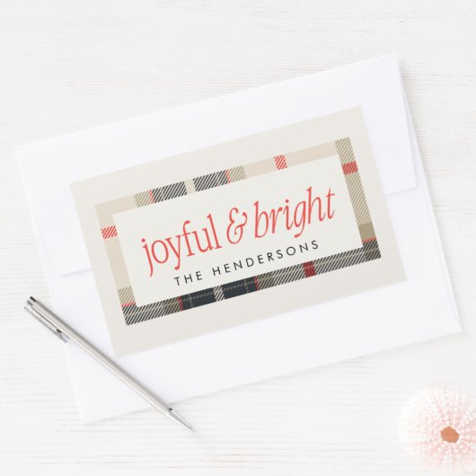 喜びと明るい居心地の良い冬の格子柄ホリデーギフト 長方形シール (封筒)