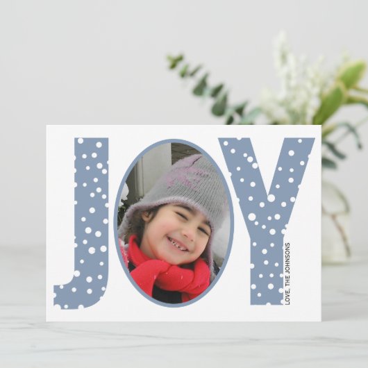 喜びと雪の埃の多い青いミニマルクリスマス シーズンカード (スタンド正面)