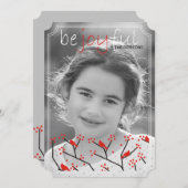 「喜びなさい」深紅色とベリーのクリスマスフォト シーズンカード (正面/裏面)