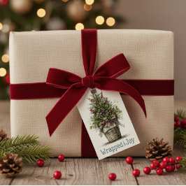 「喜びに包まれて」のラスティッククリスマスツリーバスケット ギフトタグ