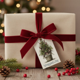 「喜びに包まれて」のラスティッククリスマスツリーバスケット ギフトタグ