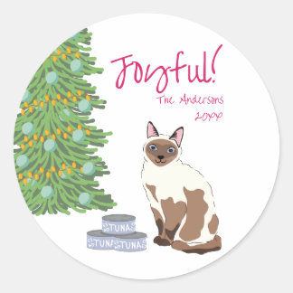 喜びに満ちたクリスマスのシャム猫とマグロ ラウンドシール
