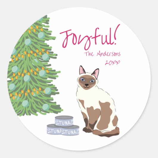 喜びに満ちたクリスマスのシャム猫とマグロ ラウンドシール (正面)
