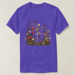 喜びに満ちたダンスをするスケルトンのフラワーガーデンバタフライ Tシャツ