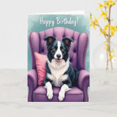 喜びに満ちた子犬の椅子 誕生日カード カード (黄色い花)