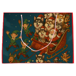 喜びに満ちた犬たちとエルフたちとサンタクロース! ラージペーパーバッグ