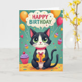 喜びに満ちた猫のイラストカード カード (黄色い花)