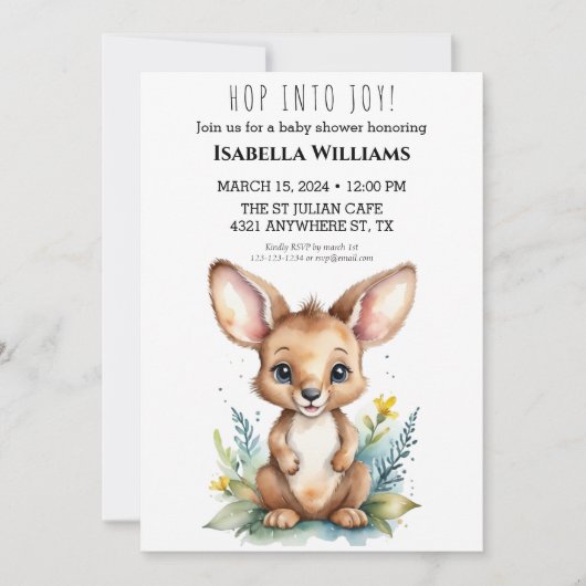 喜びに飛び込むかわいいカンガルーの水の色ベビーシャワー 招待状 (正面)