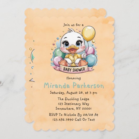 喜びのアヒル黄色の水の色の赤ちゃんシャワー 招待状 (正面/裏面)