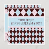 喜びのアーガイル柄のな男の子の女の子の三重項のベビーシャワーを三倍にして下さい 招待状 (正面/裏面)