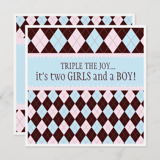 喜びのアーガイル柄のな男の子の女の子の三重項のベビーシャワーを三倍にして下さい 招待状 (正面/裏面)