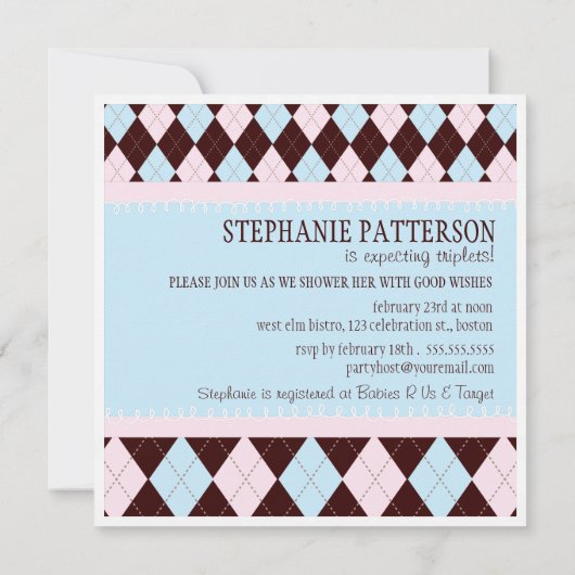 喜びのアーガイル柄のな男の子の女の子の三重項のベビーシャワーを三倍にして下さい 招待状 (裏面)