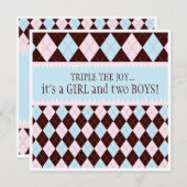 喜びのアーガイル柄のな男の子の女の子の三重項のベビーシャワーを三倍にして下さい 招待状 (正面/裏面)