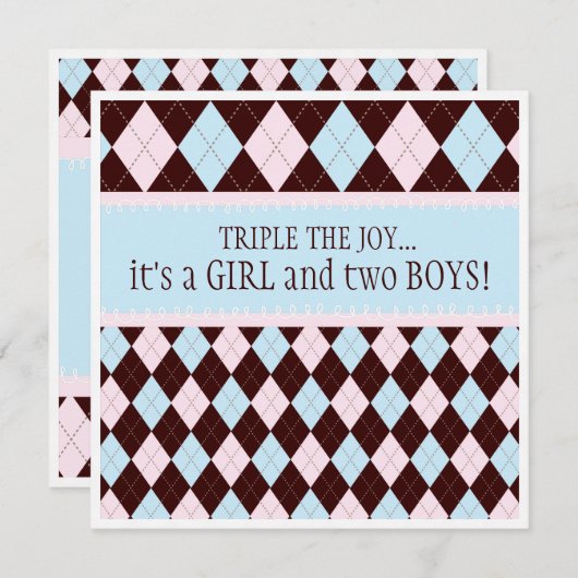 喜びのアーガイル柄のな男の子の女の子の三重項のベビーシャワーを三倍にして下さい 招待状 (正面/裏面)