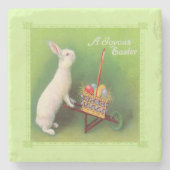 喜びのイースターホワイトラビットバスケット卵の手押し車 ストーンコースター (正面)